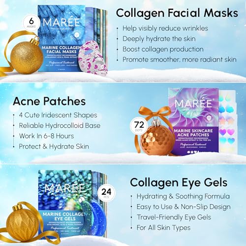 MAREE Holiday Skincare Gift Set ? Under Eye Patches, Collagen Face Mask & Cute Pimple Patches for Face ? Christmas Gifts & Stocking Stuffers for Women and Men ? Top Christmas Gifts for Mom & Coworkers