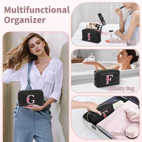 Personalized Initial Makeup Bag, Birthday Gifts for Women and Girls, Small Makeup Pouch Travel Toiletry Bag, Make Up Organizer Bag Gift Trendy Stuff for Friend Mom Teacher, Black