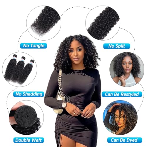 EMOL Hair Hair Extensions, 3 Kinky Curly Bundles, 14" Human Hair, Full Head, Natural Black, Weave, Virgin, Can Be Dyed, 300g, 3 Bundles