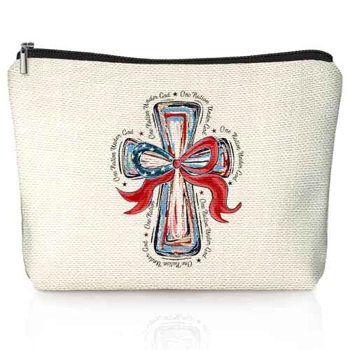 American Flag Bow Patriotic Aesthetic 4th of July Makeup Bag,July 4th Girly Cosmetic Bagsfor Women, Red White and Blue USA Toiletry Bag for Women, cosmetic bag, makeup case