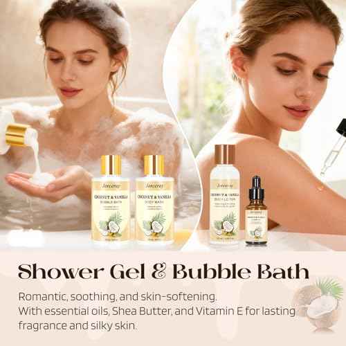 Bath and Body Gift Basket Set for Women - Coconut Vanilla Spa Gift Basket for Women 22pcs Luxury Bath Gift Set with Shower Gel Self Care Pampering Gifts for Mothers Day, Christmas, Birthday Gifts