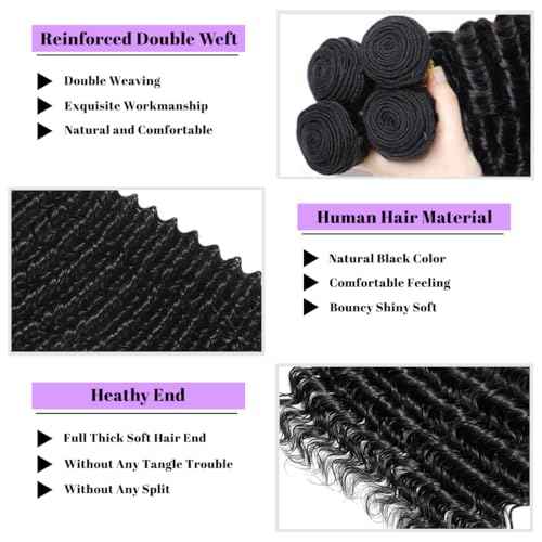 28 Inch Deep Wave Human Hair Bundles 1 Bundles Deep Wave Bundles 100% Unprocessed Brazilian Virgin Hair Curly Bundle Hair Extensions Real Human Hair Wavy Quick Weave Bundle Natural Black