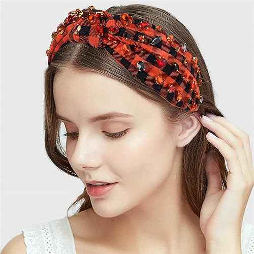 Halloween Headband for Women Rhinestone Crystal Knotted Headband Embellished Orange Black Plaid Top Knot Hairband Gothic Spooky Hair Accessories Outfits Costume Party Gifts (Halloween 1)