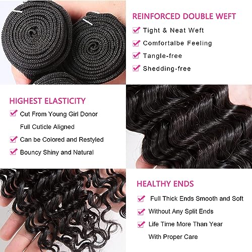 Deep Wave Human Hair Bundles 16 18 20 Inch Brazilian Hair Deep wave 100% Unprocessed Virgin Remy Hair Deep Curly Bundles Human Hair Double Weft Natural Color for Black Women