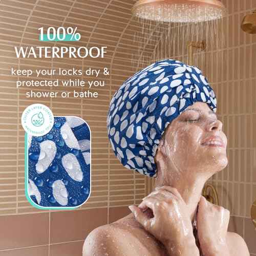 YFONG Reusable Shower Cap for Women, Waterproof & Durable Bath Cap with Double layer Lined, Adjustable Hair Cap for All Hair Lengths, Large Bathing Hat (blue)