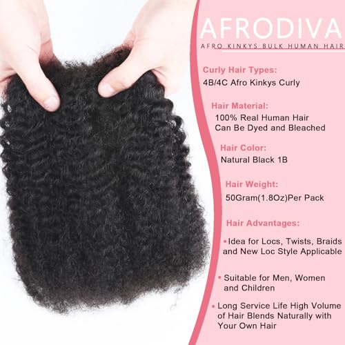Afro Kinkys Bulk Human Hair for Dreadlocks Kinky Curly for Loc Extensions 100% Real Human Hair Afro Kinky-Curly Human Braiding Bulk Hair for Twist & Repair Locs 4 Packs 200 Gram 12 Inch Black