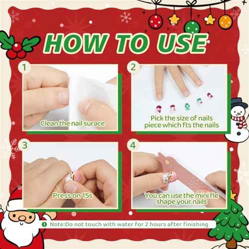 144Pcs Kids Press on Nails - Children Girls Short Artificial Fake Nails, No Fading Stable Cute Pre-Glue Full Cover Acrylic Tip Kit, Gift for Kids Decoration (Christmas Style)