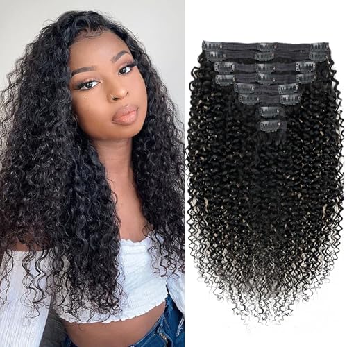 3C 4A Kinky Curly Clip in Hair Extensions Human Hair for Black Women - 8Pcs 18Clips Double Weft Brazilian Remy Human Hair Thick to Ends 120G/4.2oz Natural Black (22 inch)