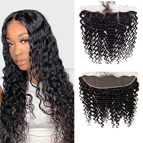 12A Grade Deep Wave Lace Frontal 13x4 Ear to Ear Lace Frontal 20 Inch 100% Unprocessed Brazilian Virgin Human Hair Swiss Lace Frontal Closure 200% Density Pre Plucked With Baby Hair Natural Color