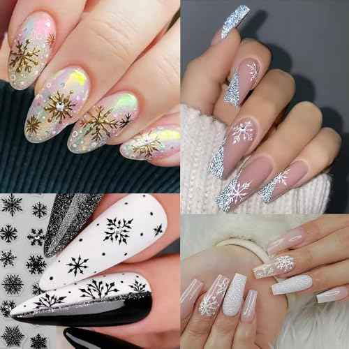 Snowflake Nail Stickers, 3D Embossed Christmas Nail Decals with Rhinestones Gold Silver Black White Snowflake Winter Nail Art Design for Women Girls(4 Sheets)