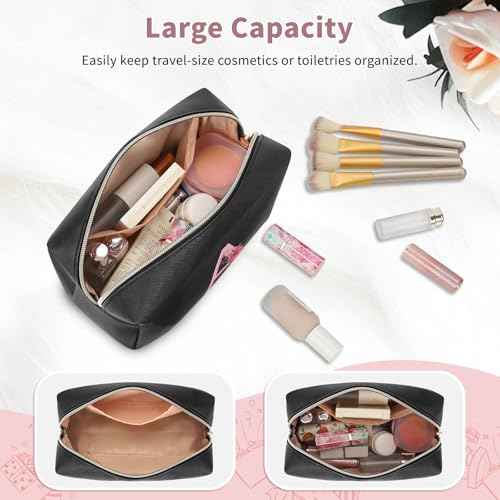 Personalized Initial Makeup Bag, Birthday Gifts for Women and Girls, Small Makeup Pouch Travel Toiletry Bag, Make Up Organizer Bag Gift Trendy Stuff for Friend Mom Teacher, Black