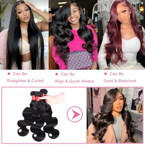 Douyin Brazilian Body Wave 3 Bundles Human Hair 16 18 20 Inch 12A 100% Unprocessed Virgin Human Hair Weave Bundles Deals Natural Black Color (1B Black£¬16 18 20)