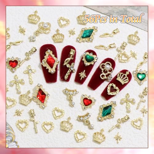 BELICEY 56Pcs 3D Gold Nail Charms Assorted Cross Star Heart Charms for Nails Alloy Rose Flower Crown Nail Decoration Luxury Nail Jewelry Green Red Gems Rhinestones for DIY Nail Art Design Crafts