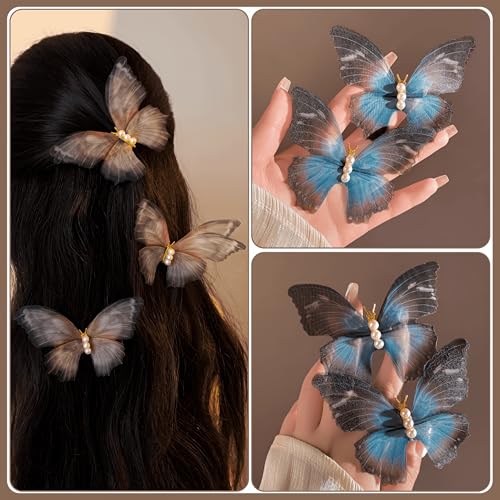 Butterfly Decorative Hair Clips - Duckbill Clips for Women Bohemian Hair Clip Non-Slip Snap Duck Bill Clips Boho Hair Accessories, Blue Grey 2 Pack