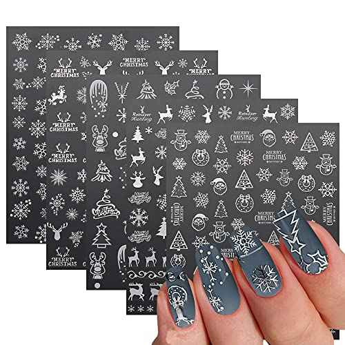 Christmas Nail Art Stickers Decals, White Sliver Snowflake Nail Decorations 3D Winter Christmas Xmas Snowmen Elk Trees Design Nail Stickers for Acrylic Nail Art Happy New Years Party Supplies 5Sheets