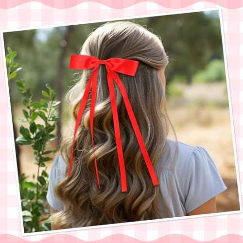 Mimorou 60 Pcs Hair Bow for Girls Women Bulk Silky Satin Ribbon Hair Bows Tassel Bowknot Clips Barrettes with Long Tail, 30 Colors