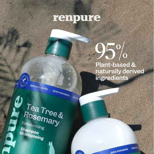 Renpure Plant Based Tea Tree and Rosemary Refresh and Rebalance Shampoo - Soothes Dry Scalp - Delivers Moisture and Shine - Rids Hair of Grime - Dye Free - Recyclable, Pump Bottle Design - 24 fl oz