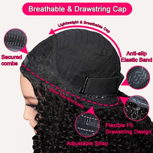 Kinky Curly Half Wig Human Hair Glueless Human Hair Wig 200 Density 3 In 1 Seamless Flip Over Half Wigs Human Hair Drawstring Headband Wig for Women 18 Inch