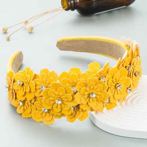Crystal Rhinestone Headbands for Women, Jeweled Headband Wide Flower Floral Embellished Headbands Party Festival Hair Hoop Accessories Headwear Jewelry Gifts,15 (Yellow)