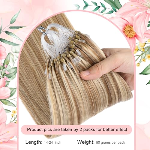 24 Inch Human Hair Extensions Micro Beads Hair Extensions Ombre Remy Human Hair Ash Brown with Bleach Blonde Micro Loop Human Extension #8/613 Microbeads Hair 50g 1g/s