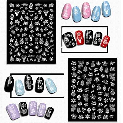 TailaiMei Christmas Nail Art Stickers Decals, Self-Adhesive White Nail Decorations Design for Santa Claus Snowflake Snowman (800 Pcs, 9Sheets)