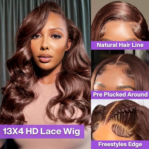 Hihmarm 13x4 Chocolate Brown Lace Front Wigs Human Hair Pre Plucked 12 Inch Body Wave Bob Wig Human Hair Short Bob Wigs for Black Women 180% Density Glueless Wig HD Lace Frontal Wigs Human Hair