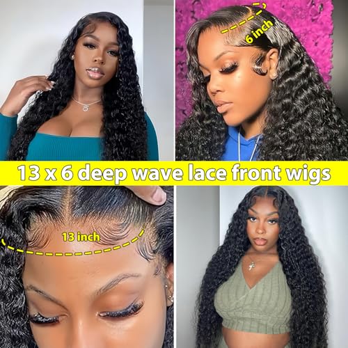 Deep Wave Lace Front Wigs Human Hair 13x6 Lace Front Wigs Human Hair Deep Curly lace Frontal Wigs for Black Women Pre Plucked with Natural Color 20 Inch