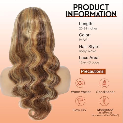 Ombre Lace Front Wig Human Hair Body Wave 13x6 HD Lace Front Wigs Human Hair Pre Plucked 200% Density Honey Blonde Highlight Wig 4/27 Colored Lace Frontal Glueless Wigs Human Hair 24 Inch