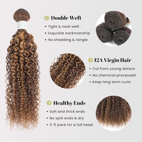 Honey Blonde Highlight Tight Kinky Curly Single Bundles Human Hair 24Inch, 100% Virgin Remy 12A Brazilian Curly Weave Bundles Human Hair Thick Track P4/27 Ombre Brown Colored Kinky Curly Bundles
