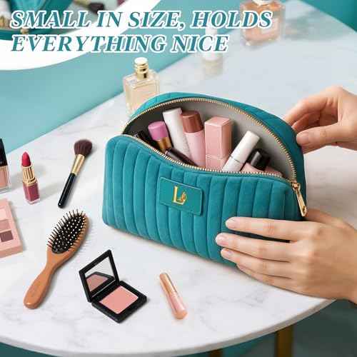 Monogrammed Make Up Bags for Women,Personalized Cosmetic Bags Women,Small Quilted Makeup Pouch,Cute Makeup Bag Travel,Birthday Gifts for Teen Girl (Blue L)