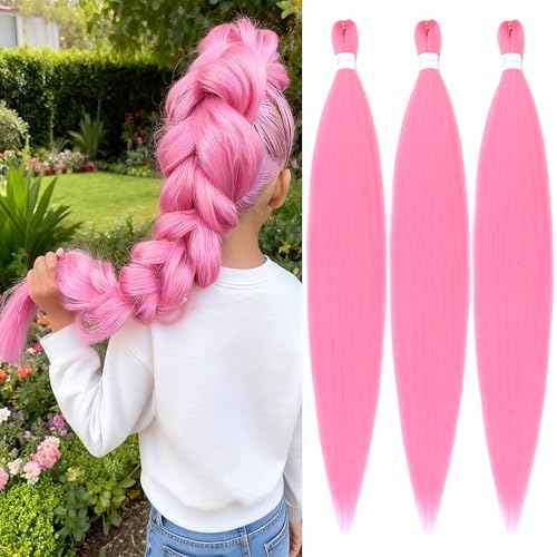 Pre stretched Braiding Hair 32 Inch Pink Braiding Hair Extensions Yaki Braids Hair Hot Water Setting Synthetic Hair Colored Braiding Hair Crochet Hair(3 Packs,Pink#)