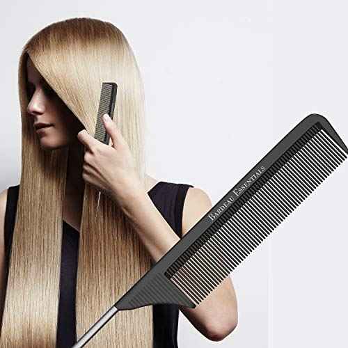 Professional 8.8 Inch Tail Comb (5 Pack) - Black Carbon Fiber and Stainless Steel Pintail - Anti Static and Heat Resistant Teasing Comb - Lightweight for All Hair Types