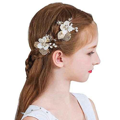 Wedding Flower Girl Hair Pins Bride Pearl Hair Piece Crystals Hair Clips Bridal Hair Accessories for Women and Girls Pack of 2 (Gold)