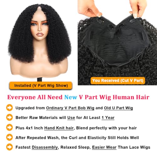V Part Wig Human Hair Kinky Curly Natural Black 14 Inch | Curly Human Hair Wig Upgrade U Part Human Hair Wigs for Black Women Glueless Wig Wear and Go 180 Density