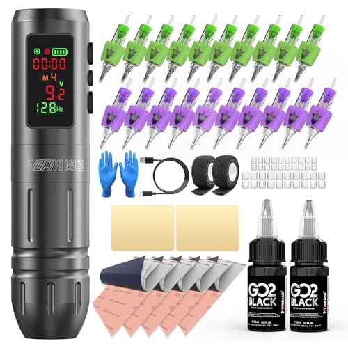 Wormhole Tattoo Gun Kit 1,600mAh Battery 2 Bottles 1/2 OZ Xtreme Tattoo Ink and 20 Tattoo Needles Wireless Tattoo Machine Kit Smart Tattoo Pen for Precise Lining & Shading Smart Display