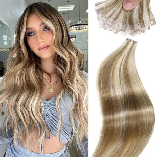 Glueless Human Hair Extensions - Highlighted Brown and Blonde Tape in With Holes - Invisible Seamless Skin Weft for Women (50g 20Pcs, 20 Inch)