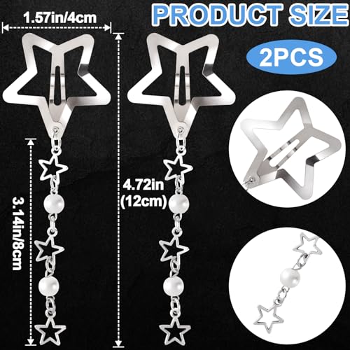 2pcs Star Pearl Snap Hair Clips, y2k Silver Hair Barrettes Cute Tassel Metal Hair Pins Wedding Prom Hair Styling Accessories for Women Girls Gift