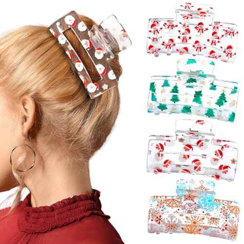 Christmas Hair Clips Claw Shaped Snowman Santa Claus Snowflake Christmas Tree Design Hair Accessories Transparent Cartoon Hair Clips Women Red Green Gold Claw
