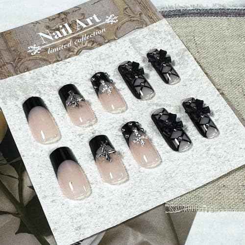 IMSOHOT Black French Press on Nails Long Square Fake Nails Acrylic Nude False Nails with Bow & Cross Design Full Cover Stick on Nails Glossy Glue on Manicure Kit for Women 24Pcs