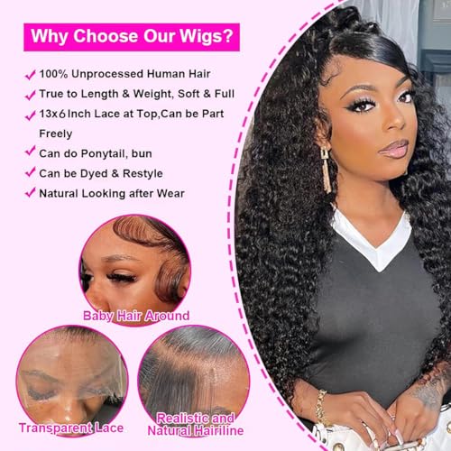 Deep Wave Lace Front Wigs Human Hair 13x6 HD Lace Front Wigs Pre Plucked With Baby Hair 180% Density Curly Wigs for Black Women Natural Color 24 Inch
