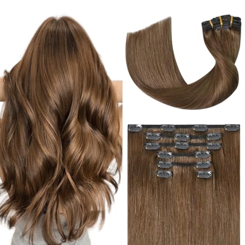 Light Brown Hair Extensions Clip in Human Hair 16 Inch 120g 7pcs Remy Hair Silky Straight 16clips One Pack for Women #6 Chestnut Brown Hair Extensions
