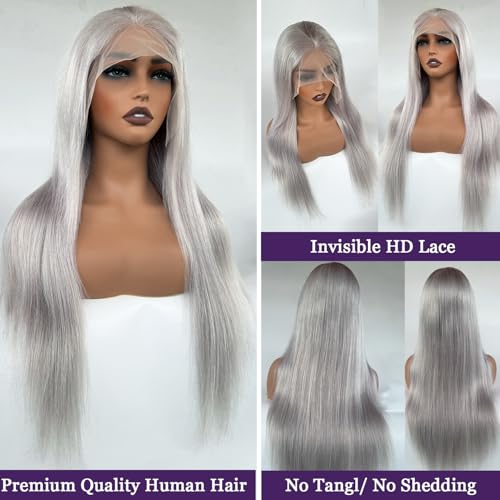 Ubetta Grey Wig Human Hair, 13x6 Grey Lace Front Wigs Human Hair Pre Plucked Glueless HD Lace Front Silver Gray Wigs for Black Women 180% Density 18 Inch Straight Colored Gray Lace Frontal Wig