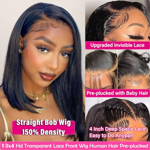 X-TRESS Bob Wig Human Hair Glueless Wig Wear and Go 13x4 HD Lace Front Wigs Human Hair Natural Black Pre-plucked Tiny Knots 14 Inch Short Straight Bob Wigs for Black Women 100% Brazilian Human Hair