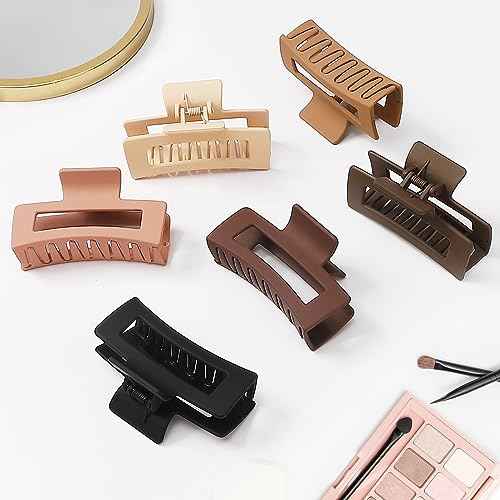 Hair Clip, 3.5 Inch Medium Square Claw Clips Rectangle Clips 6 Pack Rubber Paint Acrylic Plastic Metal, Non-Slip Design for Women Girls - Coffee
