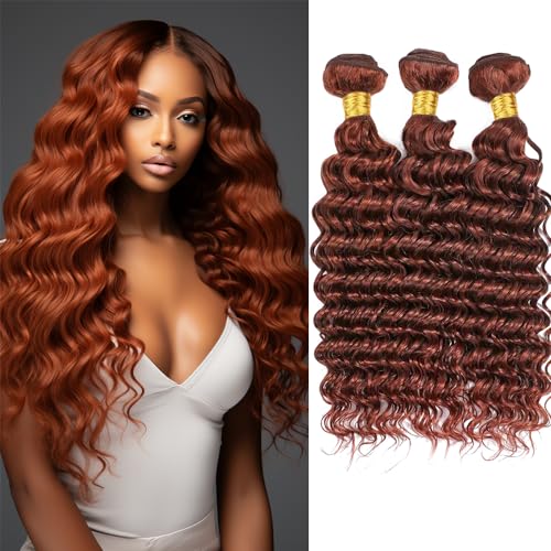 Auburn Deep Wave Human Hair Color 33 Reddish Brown Deep Curly Wet and Wavy Bundles Double Weft Brazilian Copper Red Hair Extensions Silky and Soft for Women (18 20 22 inch 3 Bundles)