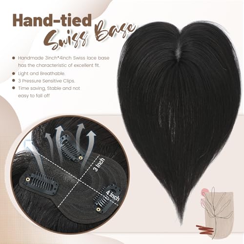 Hair Toppers for Women Real Human Hair Toppers No Bangs 7 * 10cm Upgrade Swiss Base 30g HairPieces for Women with Thinning Hair 10Inch (Natural Black)