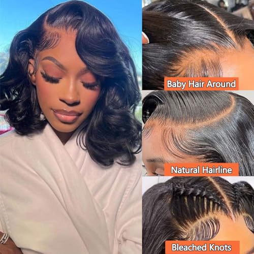14 Inch Short Bob Wig Human Hair Wigs For Black Women 13x4 Glueless Lace Front Wigs Pre Plucked Transparent HD Brazilian Body Wave Lace Frontal Wigs Loose Wavy Human Hair Wig