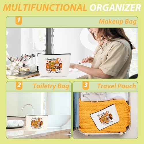 Gnome Gifts Fall Sunflowers Pumpkin Leaves Makeup Bag - Cosmetic Case - Orange, Brown - Waterproof - Travel, Makeup, Toiletry