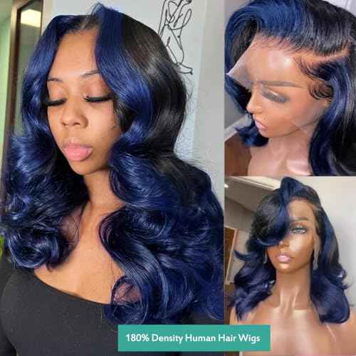 YMS Ombre Blue Wigs Human Hair 13x4 HD Lace Front Wig Pre Plucked With Baby Hair 180% Density Dark Blue 16Inch Colored Skunk Stripe Glueless Lace Frontal Wigs for Women