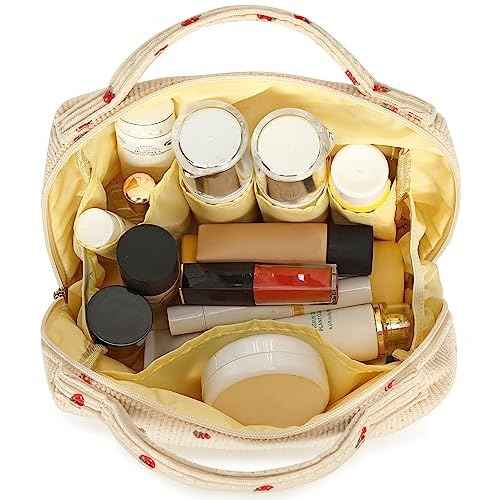 Bluboon Makeup Bag Zipper Pouch Travel Toiletry Bag Portable Cosmetic Bag Organizer for Women and Girls(Strawberry Corduroy Beige)